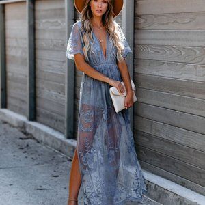 Vici / Honey Punch NWT Thora Lace Maxi Romper Dusty Blue